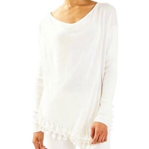Lilly Pulitzer Ferrera Asymmetrical Tassel Sweater in White | XS